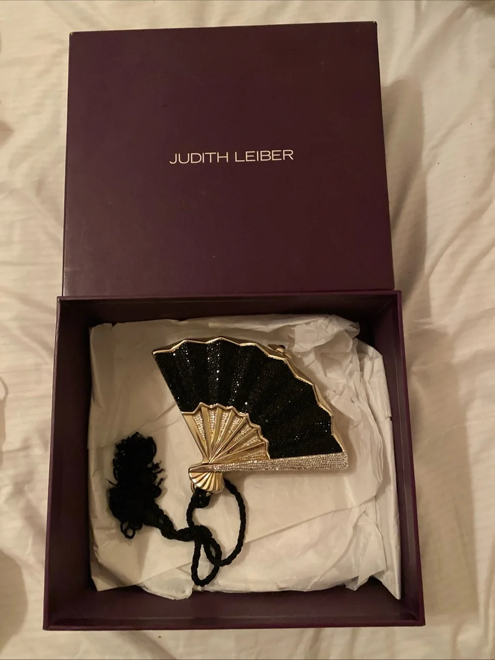 Vintage Judith Leiber Black, Gold & Silver Fan Minaudière